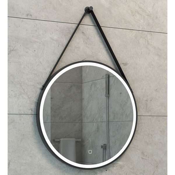Spiegel rond 90 cm met zwarte rand verlichting en lederen riem