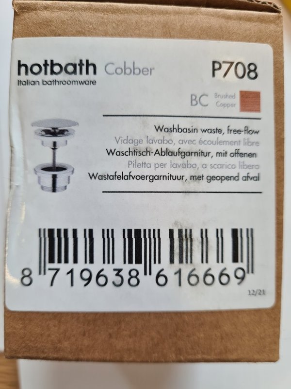 Afvoerplug Hotbath Cobber Always-Open met Schroef Rond Geborsteld Koper